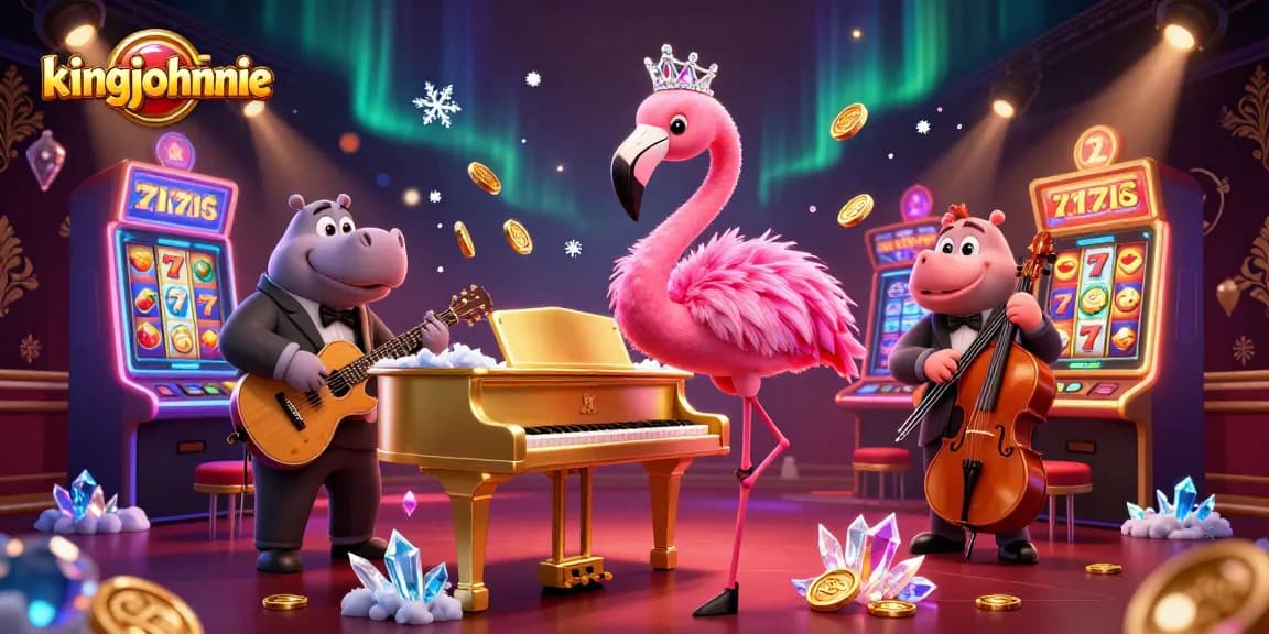 Experience thrill in kingjohnnie's vibrant casino with lively cartoon characters playing slots.