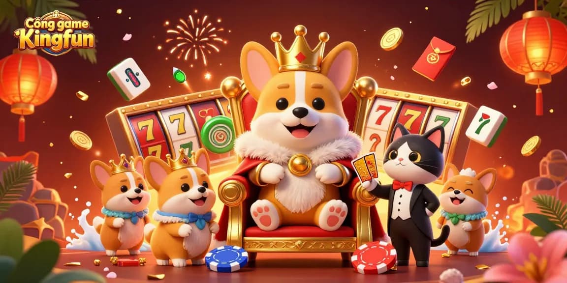 Cổng game Kingfun offers a vibrant scene with a royal corgi and dazzling game elements representing slots and jackpots.