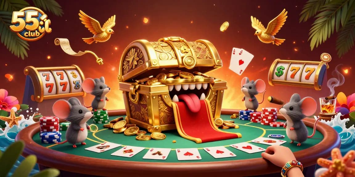 Gamblers pursue riches at 55club, where a treasure chest and vibrant poker scene invite excitement.