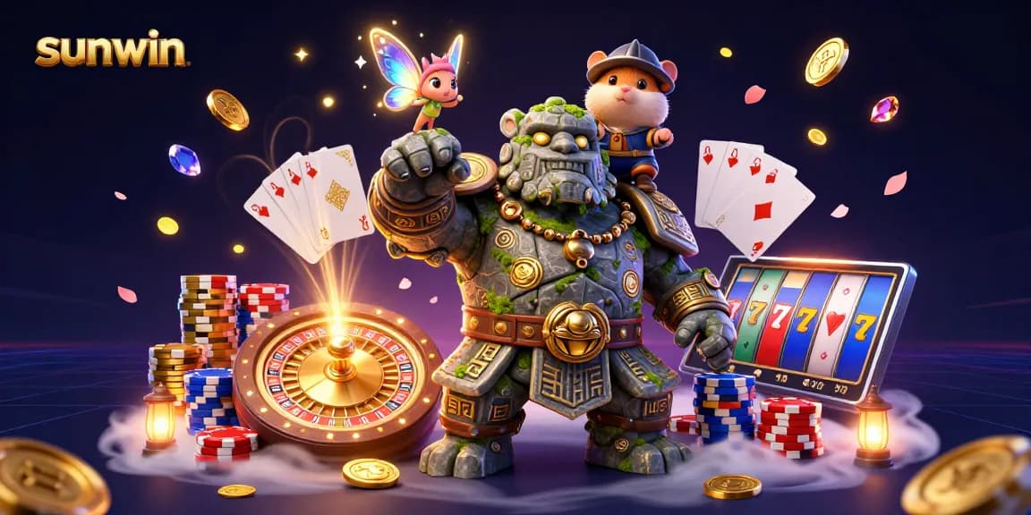 Engage with thrilling Sunwin casino games featuring a mystical golem, fairy, and a knight together.