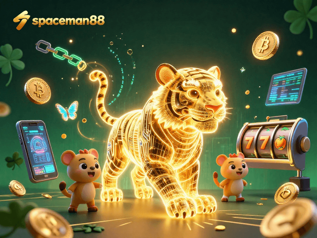 Engage with a vibrant Spaceman88 scene depicting a neon tiger winning in a digital casino.
