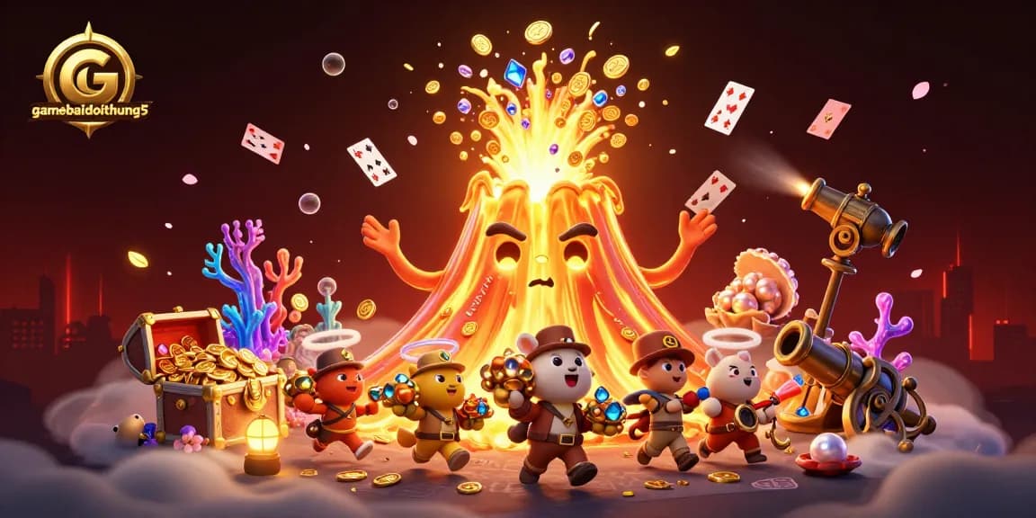 Experience thrilling gameplay with gamebaidoithuong5, featuring a golden volcano erupting treasure and vibrant casino elements.