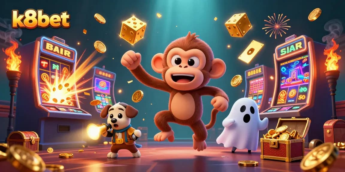 K8BET's vibrant casino scene with a mischievous monkey juggling gold coins and a curious puppy tracking it for an engaging gaming experience.