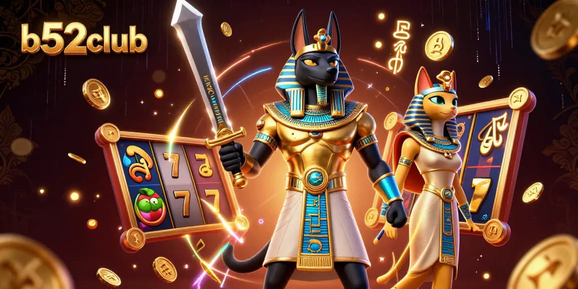 b52club players spinning slots and hitting jackpots in a vibrant, ancient Egyptian themed online casino