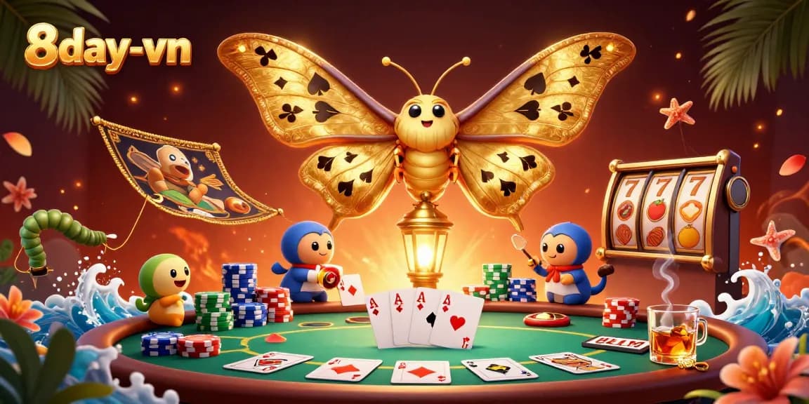 Play and win at 8day-vn with this vibrant casino scene featuring a magical moth and poker elements