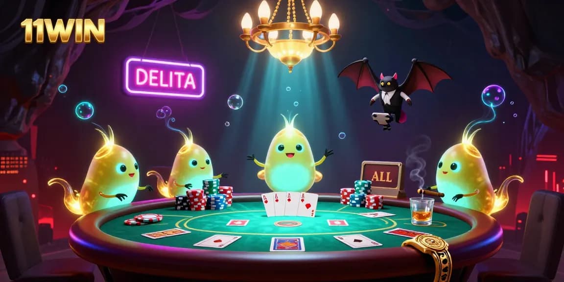 Experience thrilling poker gameplay at 11WIN casino with vibrant glowworms illuminating the action.