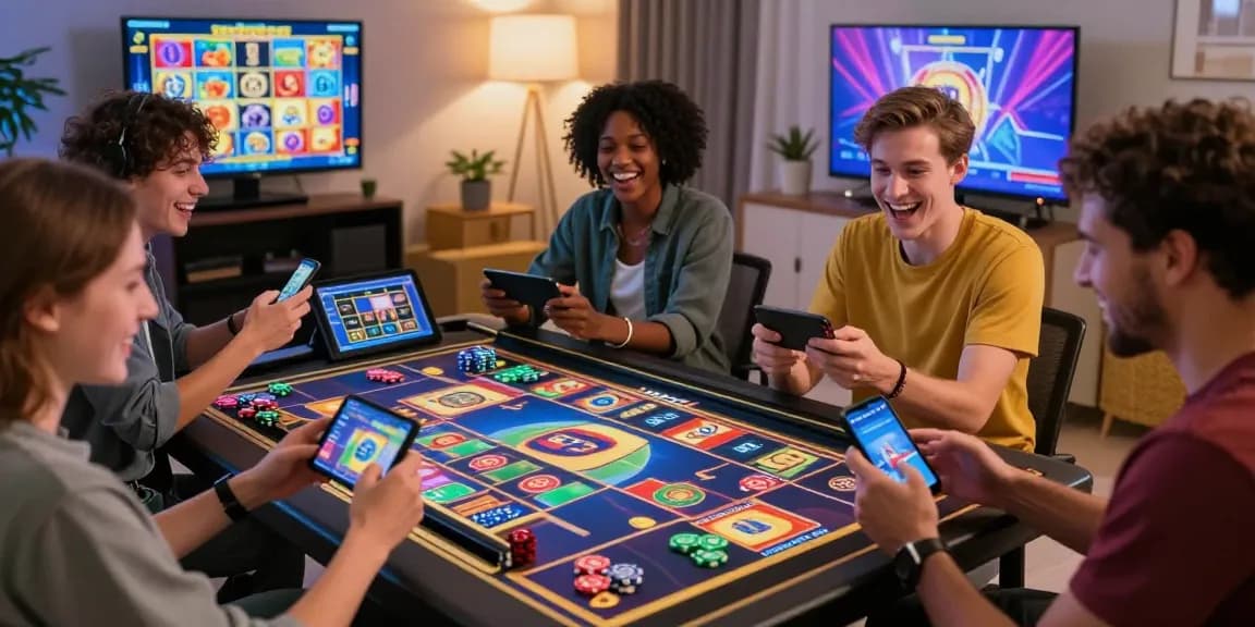 Situs slot deposit 10 ribu players enjoying an exciting online slot gaming experience in a cozy living room.