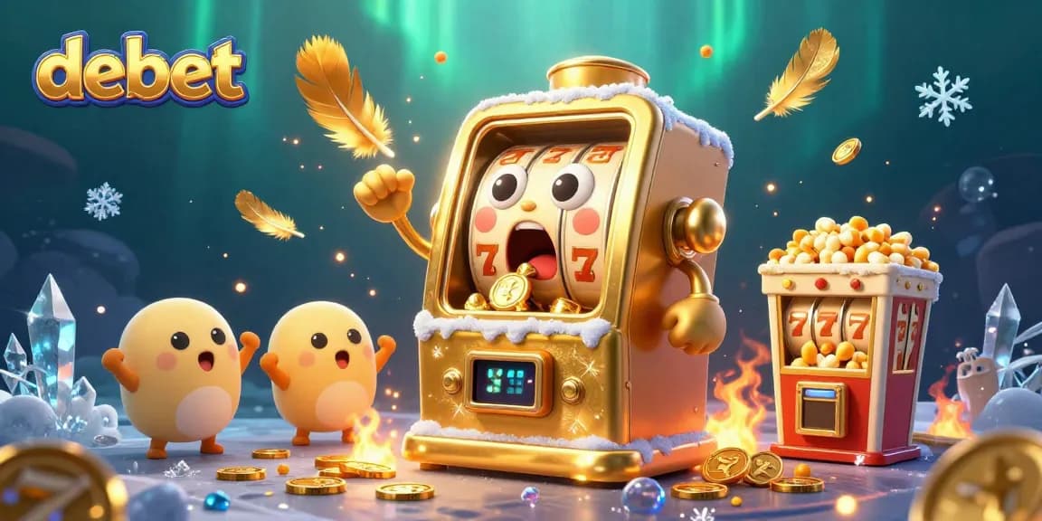 Experience debet's thrilling jackpot celebration with a golden slot machine surrounded by cheering slots and gold coins.