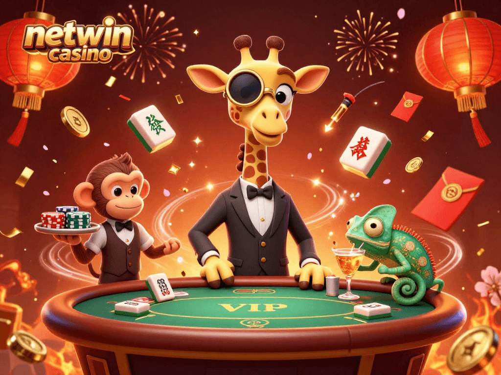 Engage with the dynamic world of netwin casino featuring a high-roller giraffe and colorful casino elements.