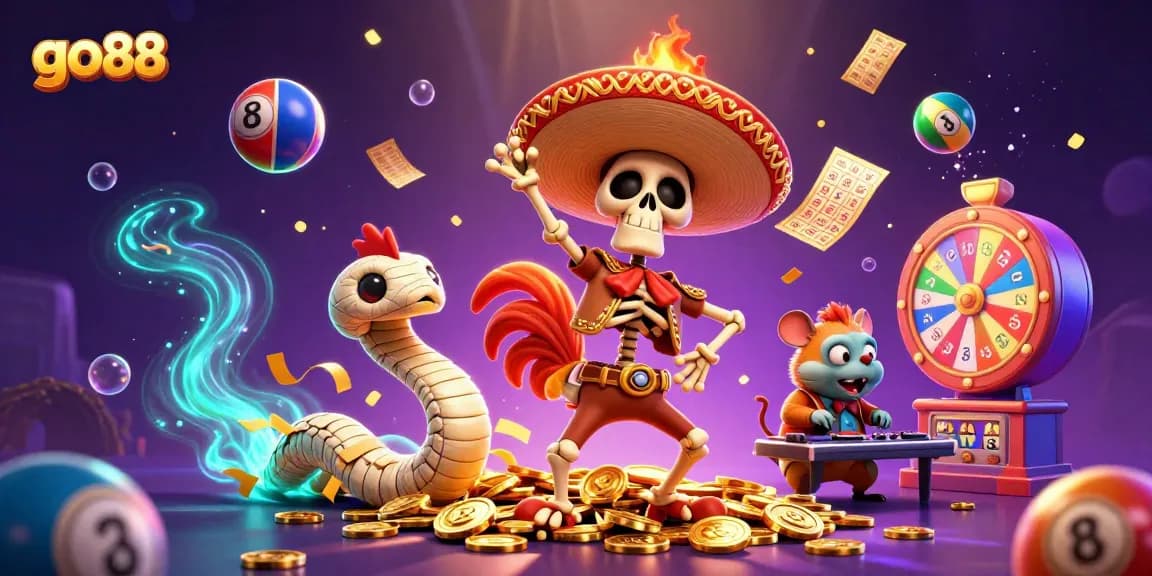 Win big with go88 at a vibrant casino scene featuring a lively rooster, mummy, and DJ.