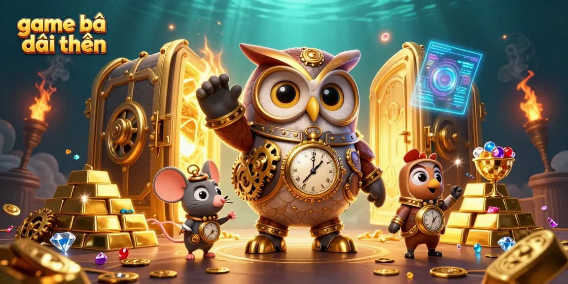 Experience the thrill of game bài đổi thưởng in a vibrant casino scene with animated characters and glowing treasures.