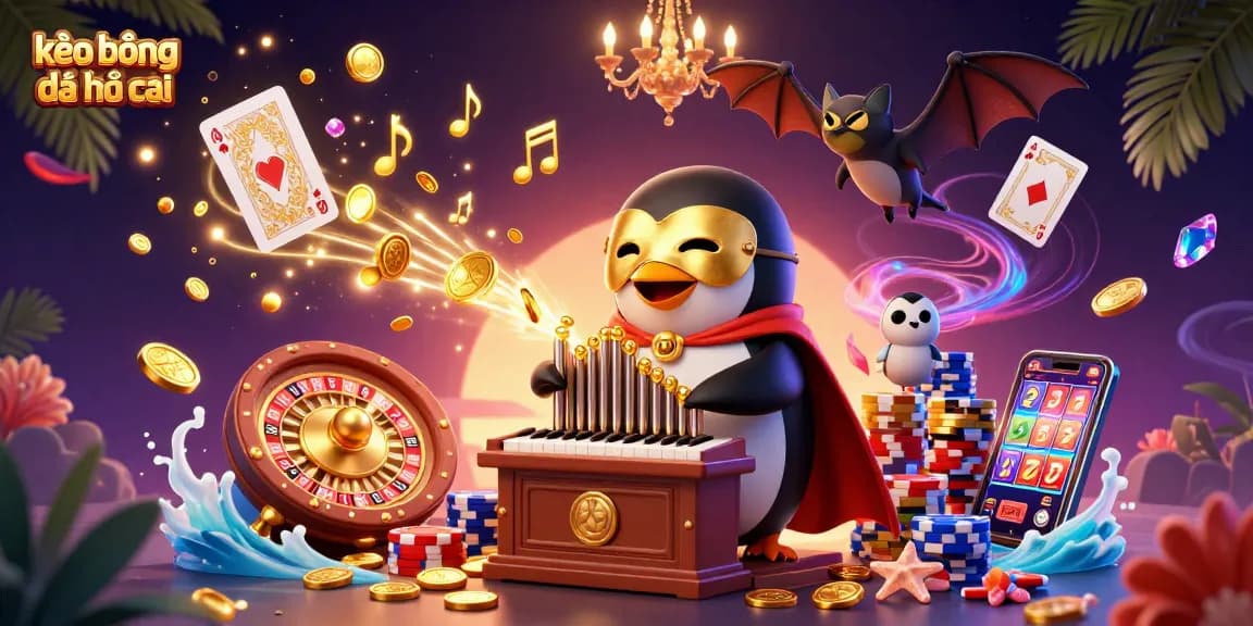 Bet on kèo bóng đá nhà cái with a vibrant scene featuring a penguin playing organ, surrounded by casino elements.
