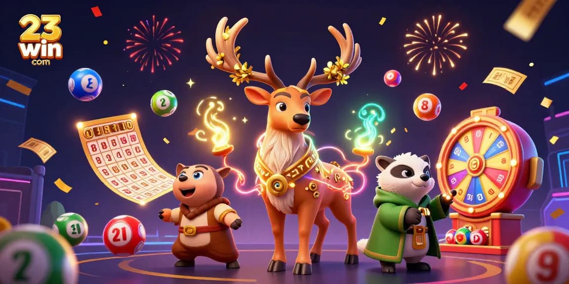 Engage with exciting lottery activities at 23win com with a vibrant scene featuring colorful balls and festive elements.