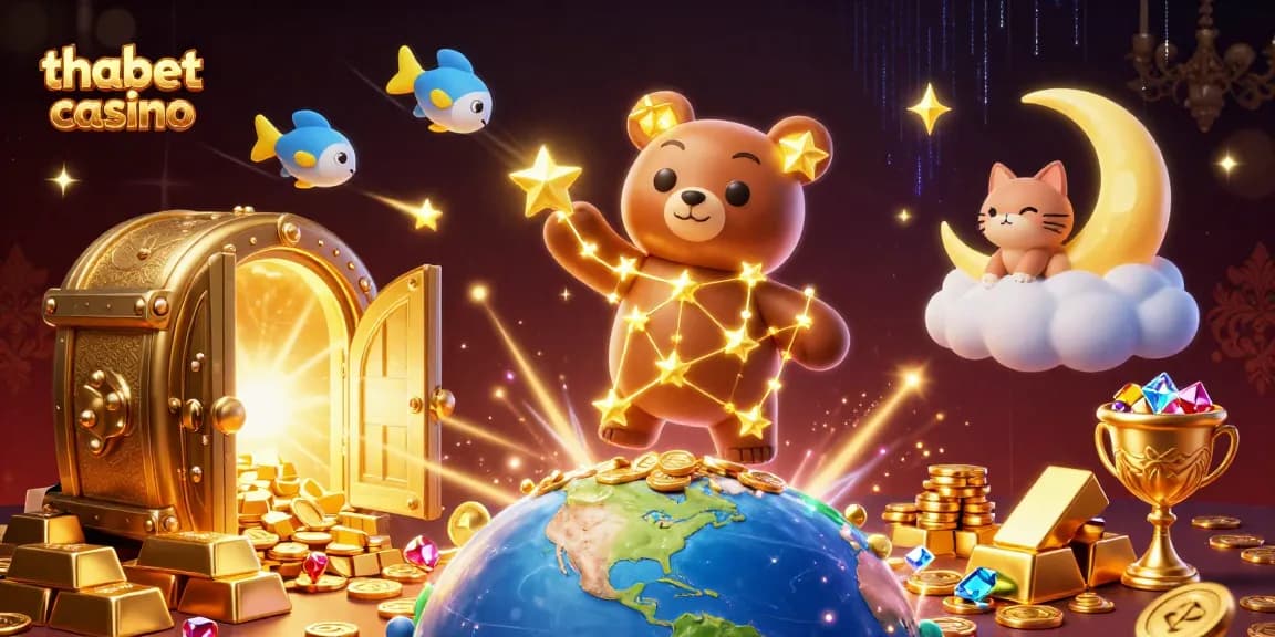 Spin and win at thabet casino with a sparkling gold theme, featuring enchanting characters.