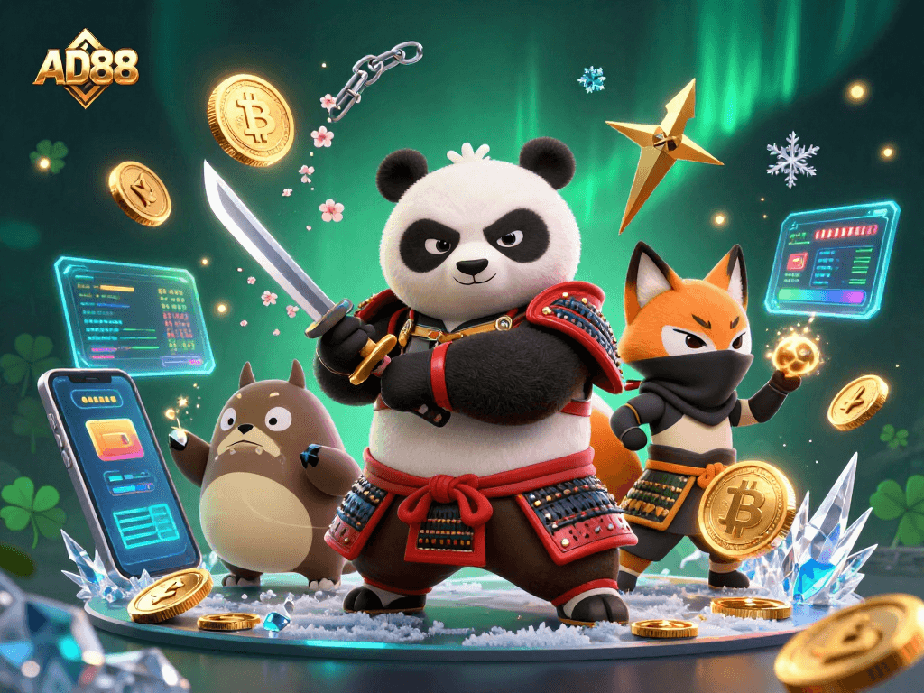 Engage with AD88's vibrant gaming experience featuring samurai panda, ninja fox, and tanuki in action.