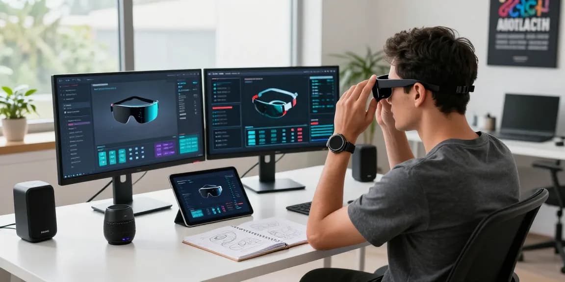 Tech enthusiast testing smart glasses at a modern desk, reviewing augmented reality interfaces.