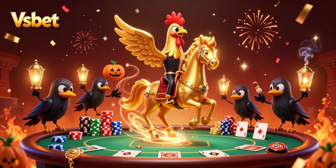 Vsbet showcases a golden rooster in a vibrant casino scene filled with poker action.