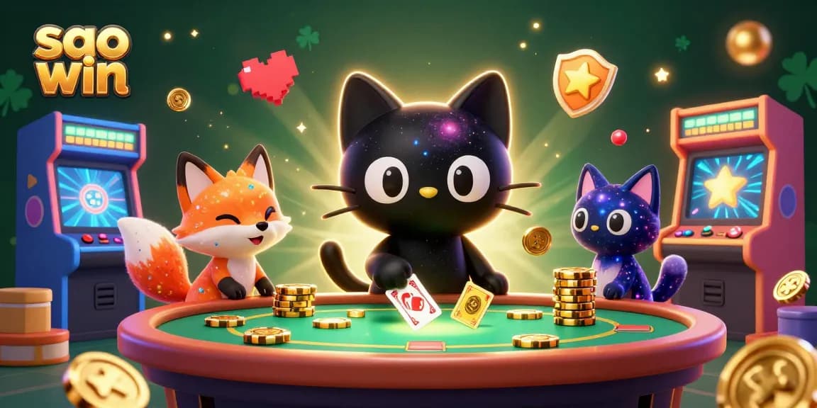 Sao win reveals a vibrant cosmic casino scene with a swirling black hole cat, pulling in golden chips and cards.