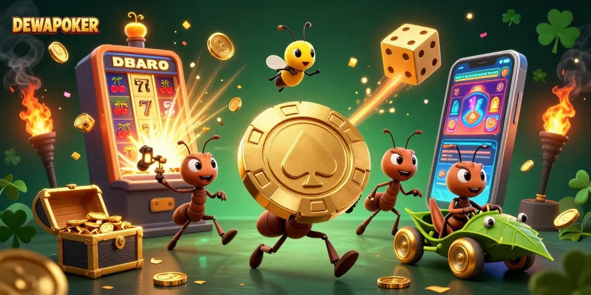 DEWAPOKER showcases an adventurous team of ants heisting a giant golden poker chip, brimming with casino excitement.