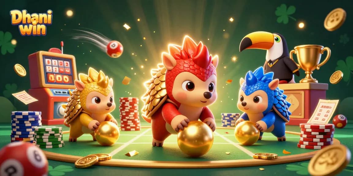 Dhani win lottery game scene with animated pangolins bowling through poker chips, dynamic gameplay elements.