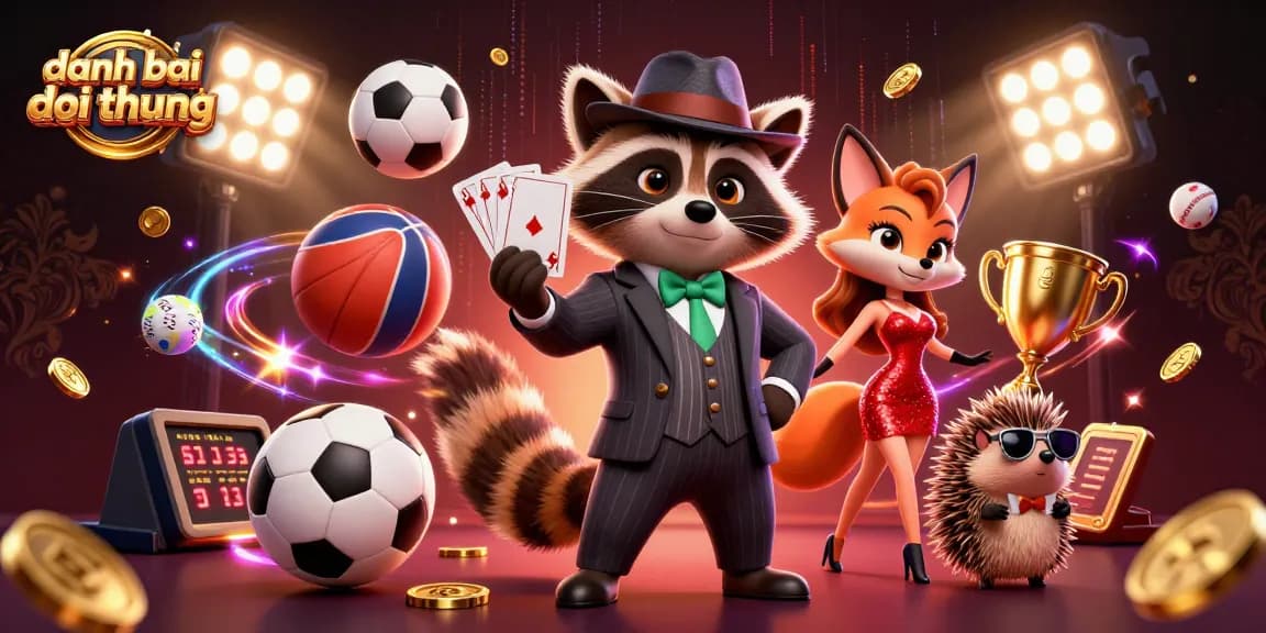 Engage in thrilling gameplay with danh bai doi thuong featuring suave raccoon, elegant fox, dynamic sports elements.