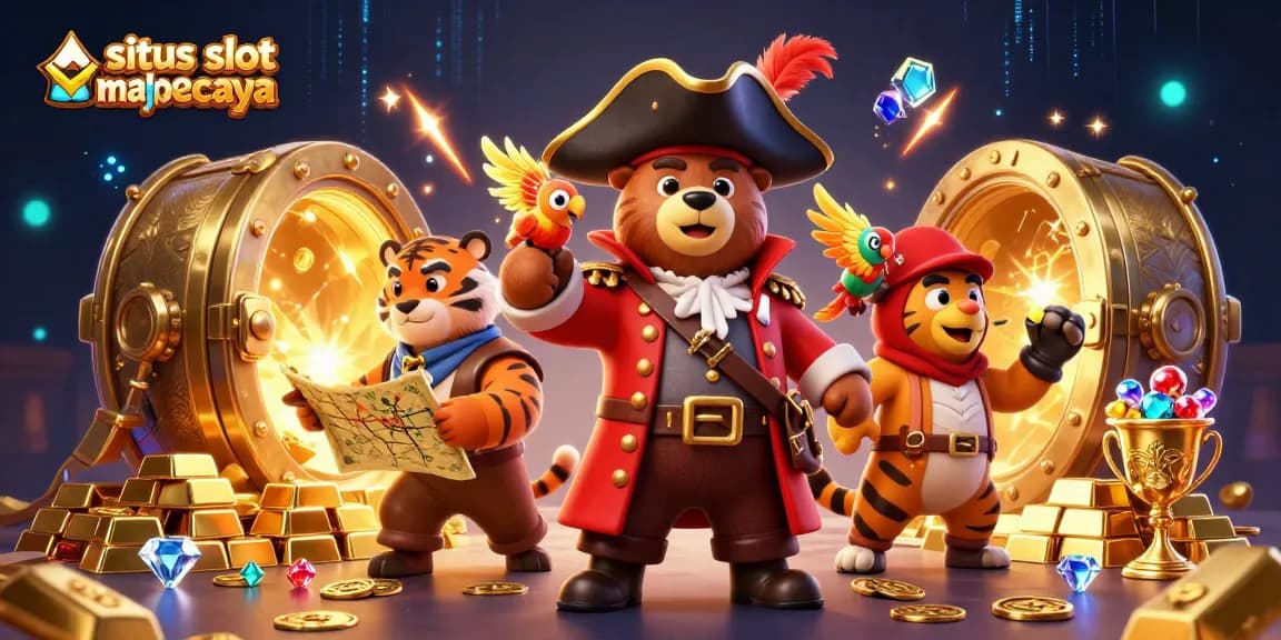 Engage with situs slot mahjong terpercaya in this vibrant scene filled with treasure and casino elements.