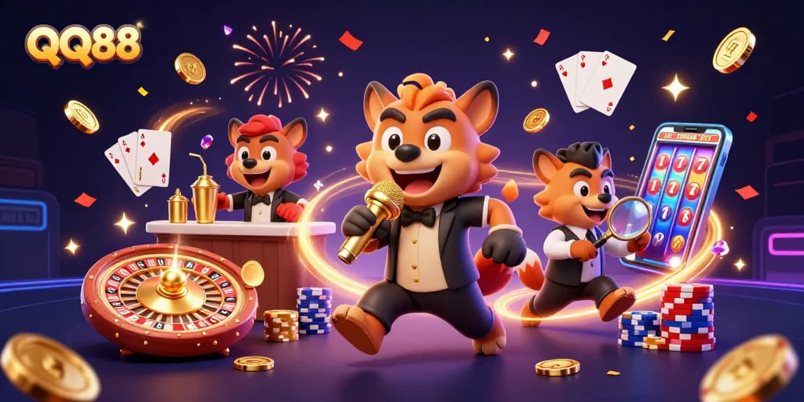 Join the fun at QQ88 with vibrant characters in a lively casino scene, showcasing exhilarating gaming action and rewards.