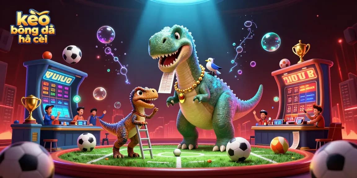 Engage in kèo bóng đá nhà cái with joyful betting scenes featuring sports characters in a dynamic atmosphere.