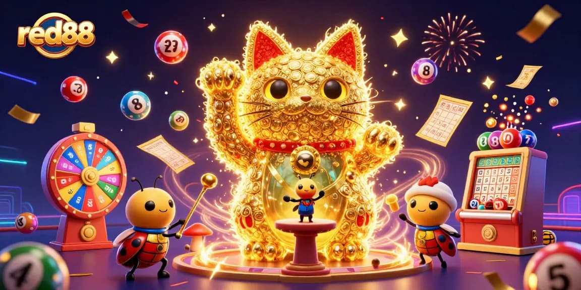 Win big at red88 with a vibrant 3D scene featuring a lucky cat and dynamic casino symbols.