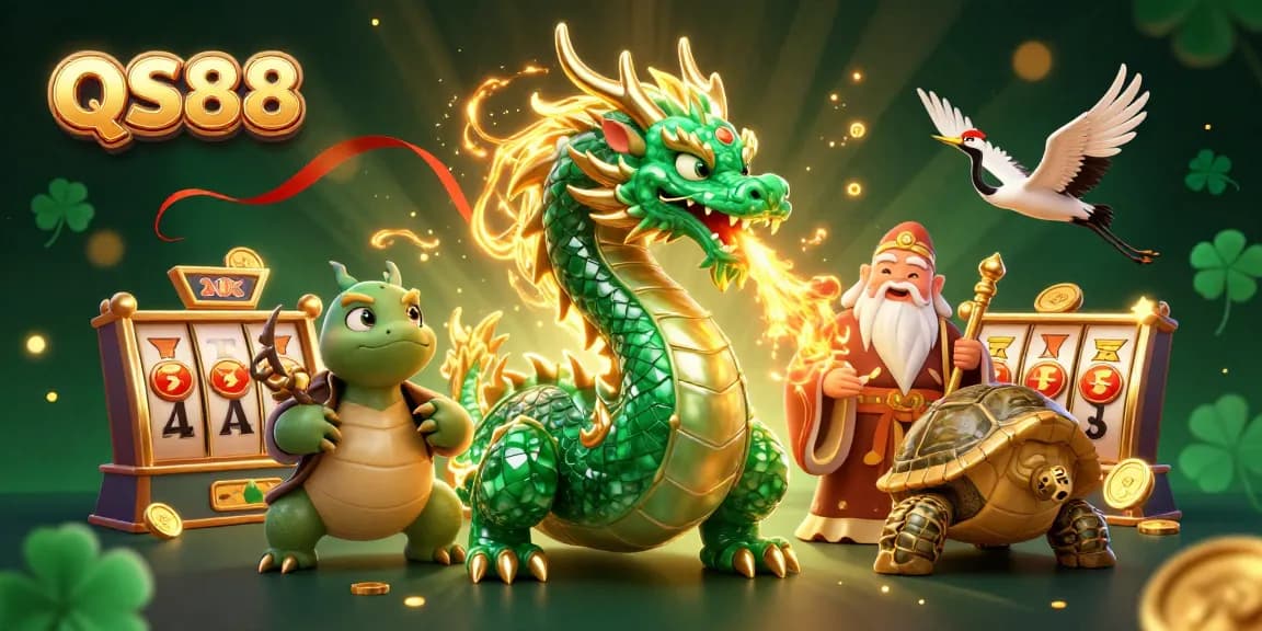 Experience the thrilling world of QS88 with a majestic jade dragon and golden elements in a vibrant casino scene.