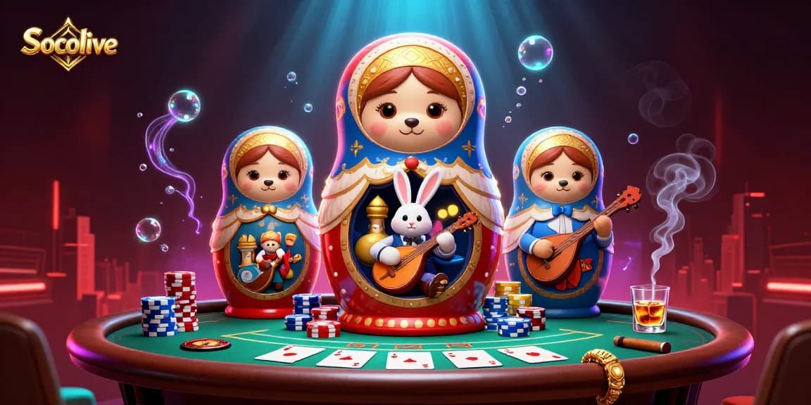 Socolive showcases a vibrant 3D illustration featuring playful casino-themed characters engaging in exciting games.