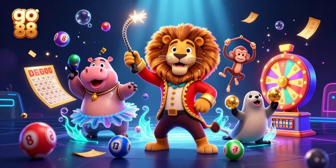 Experience the excitement of go 88 with dynamic casino-filled characters and vibrant lottery elements.