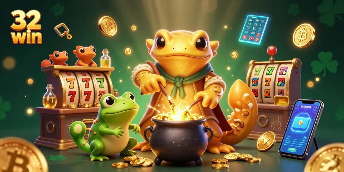 Win big at 32 win with a dynamic scene of alchemical gambling elements and golden coins.