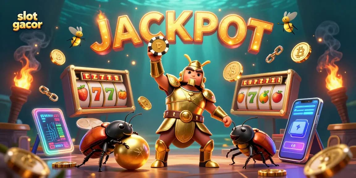 Experience thrilling wins with slot gacor, featuring animated characters lifting chips amidst vibrant casino elements.