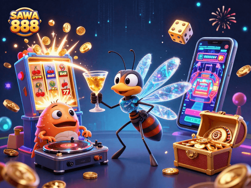 Engage with SAWA 888's vibrant casino world, featuring animated characters and dynamic elements.