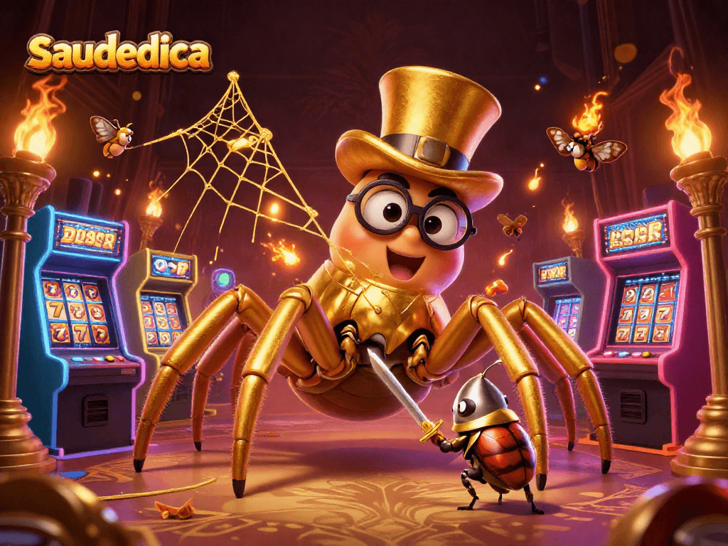 Engage with saudedica's vibrant 3D casino scene showcasing a golden tarantula and beetle knight.