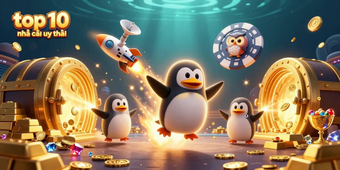 Enjoy the excitement of top 10 nhà cái uy tín in this dynamic casino-themed illustration featuring a golden penguin.