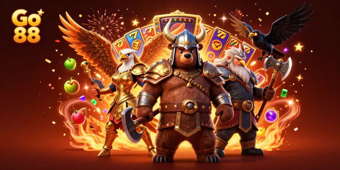 Win big with Go 88 as vibrant slot reels and characters collide in a thrilling casino scene.