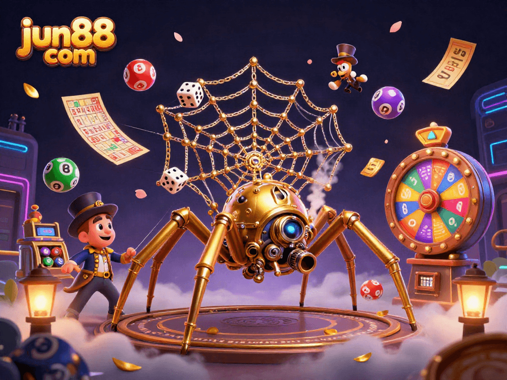 Win with jun88 com in a vibrant lottery scene filled with colorful balls and game elements.