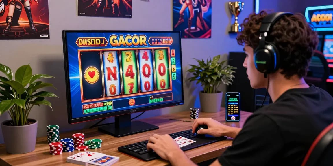 Excited player engaging with slot gacor game on a vibrant gaming setup, showcasing an immersive online gambling experience.