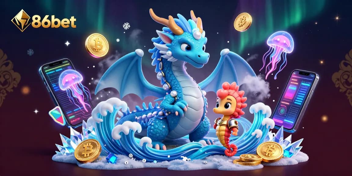Engage with the vibrant 86bet gaming scene featuring a dragon and seahorse amidst crypto symbols.