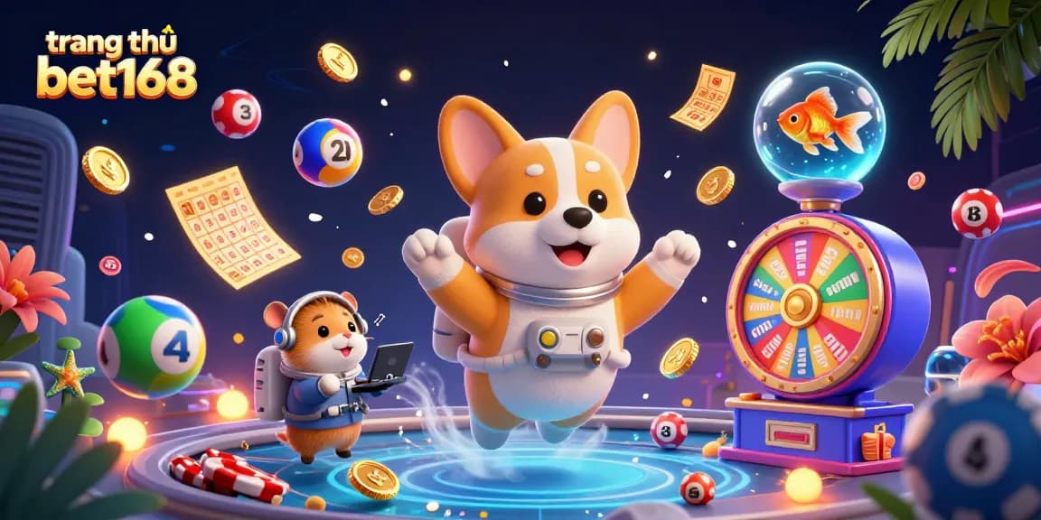Experience the excitement of gaming at trang chủ bet168 with a vibrant 3D scene depicting an astronaut corgi and casino elements.