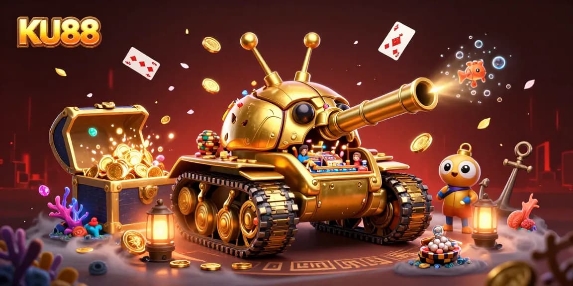 Win big at KU88 with an intricate 3D casino scene featuring vibrant game elements and action!