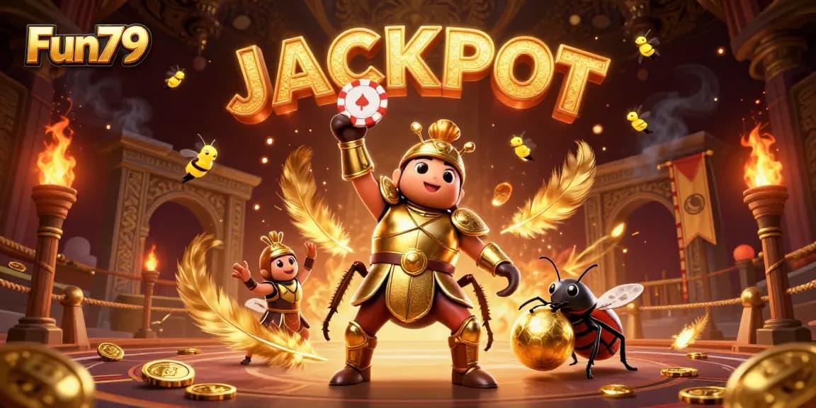 Fun79 heroes celebrate a jackpot win in a colorful casino arena surrounded by golden tokens.