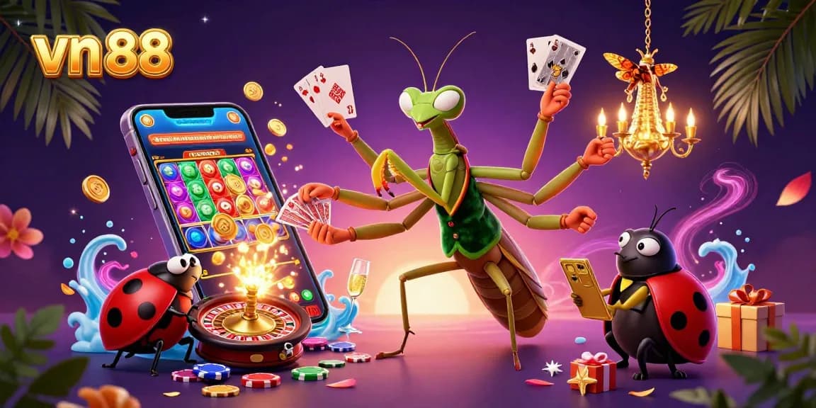 Experience the excitement of vn 88 with a giant praying mantis card sharp and vibrant casino elements.
