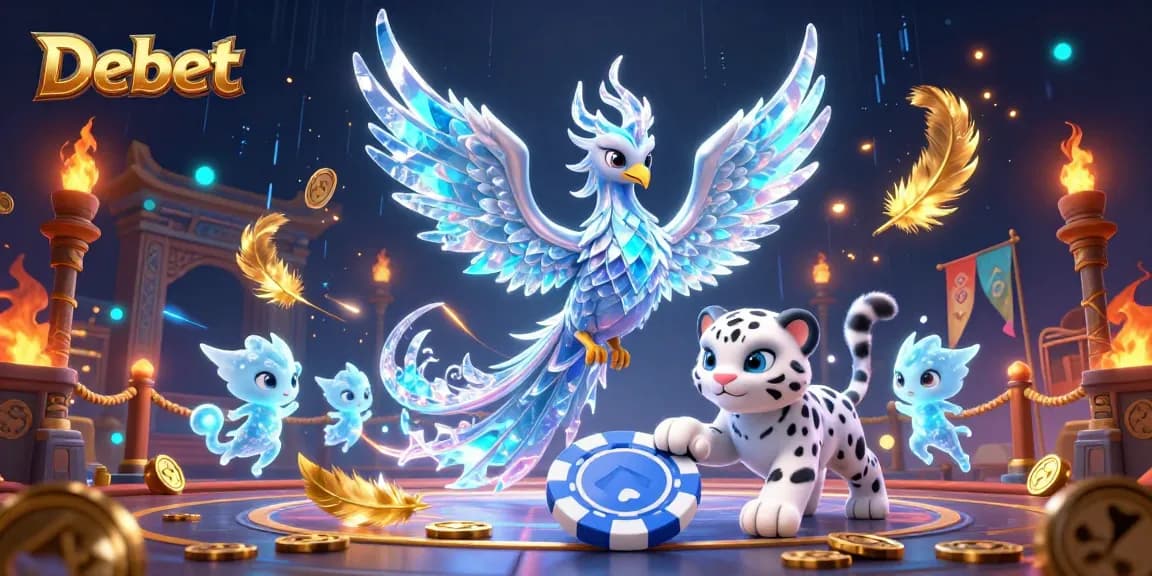 Engage with Debet's exciting 3D casino scene featuring a phoenix, poker chip, and dancing ice sprites.