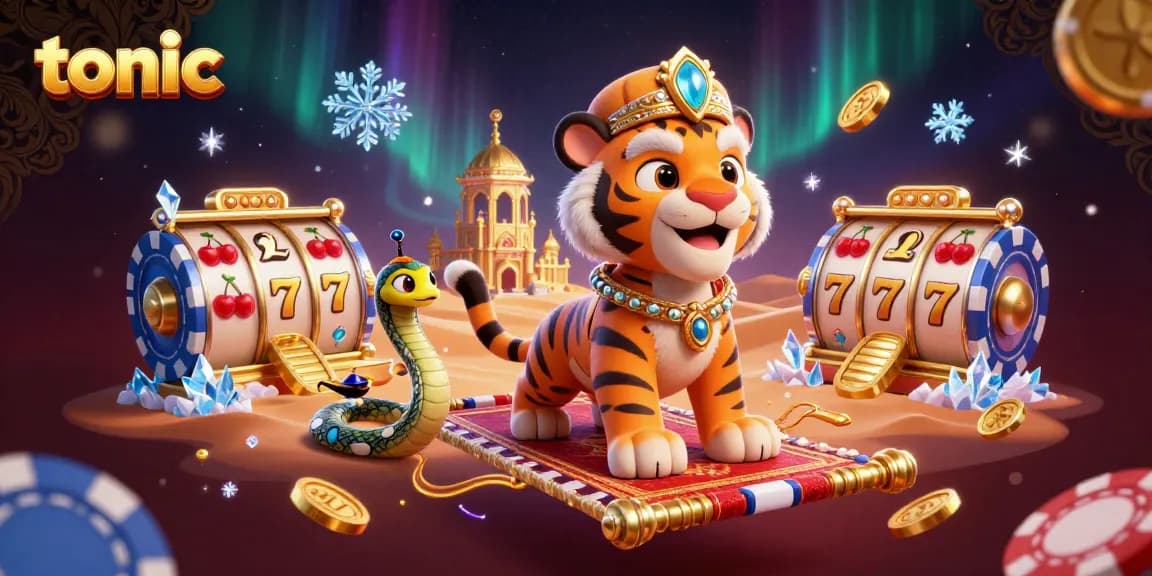 Tonic showcases a vibrant casino adventure with a tiger sultan and spinning slot reels amidst a dazzling backdrop.