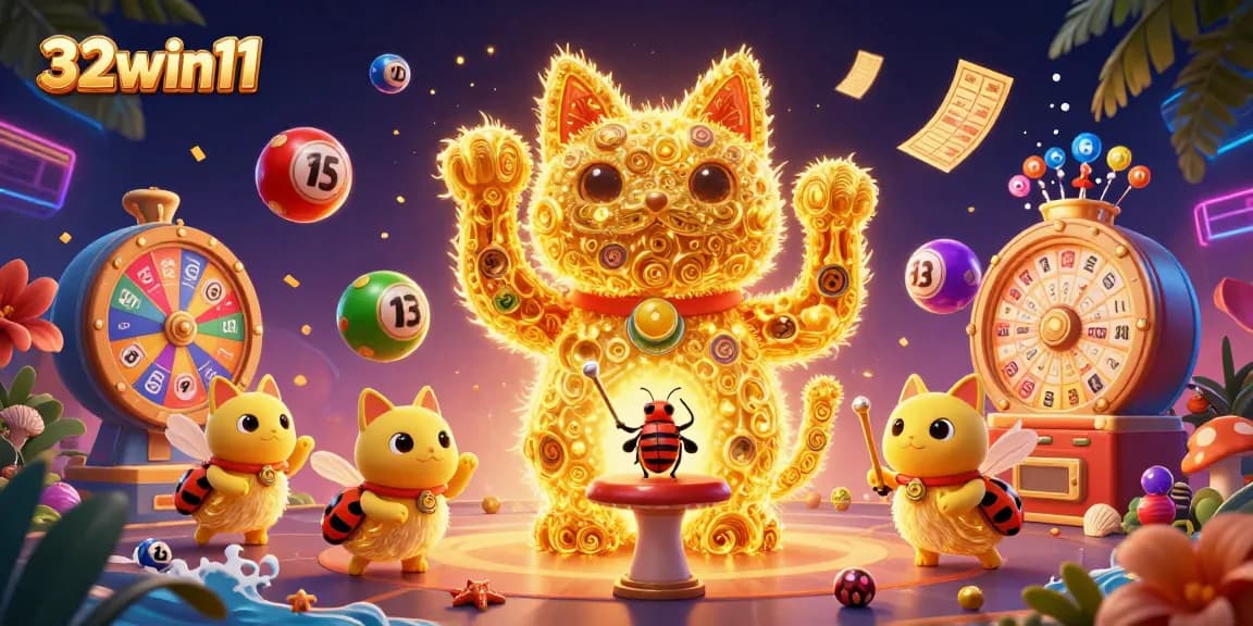 Experience the excitement at 32win11 with a vibrant casino illustration featuring dynamic lottery elements.