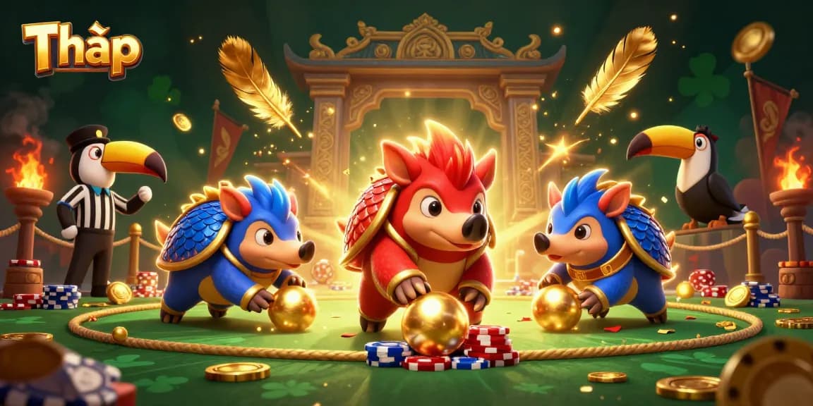 Engage in thrilling casino action with Tháp, featuring rival pangolins and vibrant gaming elements.