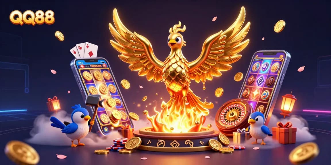 Experience thrilling gaming action with QQ88's golden phoenix emerging amidst vibrant slots and casino elements.
